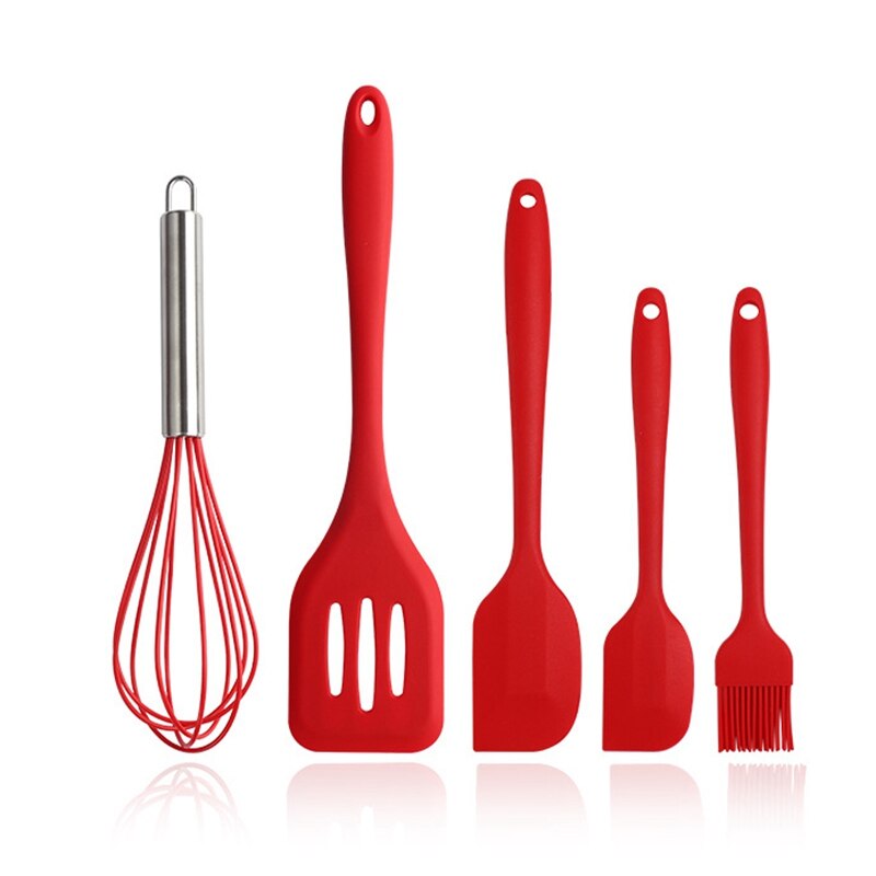 5 PCS Silicone Cooking Utensils Set Non-Stick Spatula Shovel Wooden Handle Cooking Tools Set Kitchen Tools: Red