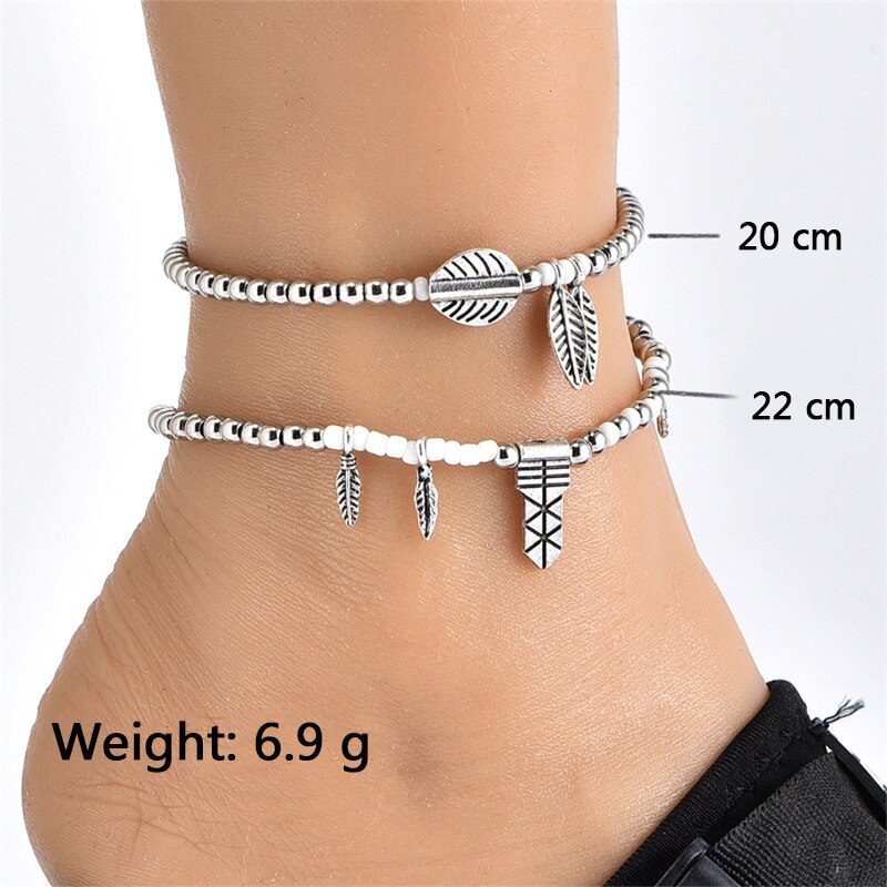 4Pcs/Set Anklets Women Geometric Leaf Beaded Pendant Silver Color Anklet Set Bohemian Charm Beach Jewelry