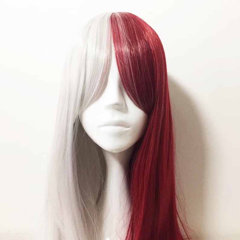 Unisex Half Red Half White Two Tone Long Straight Synthetic Hair Cosplay Wig: Default Title