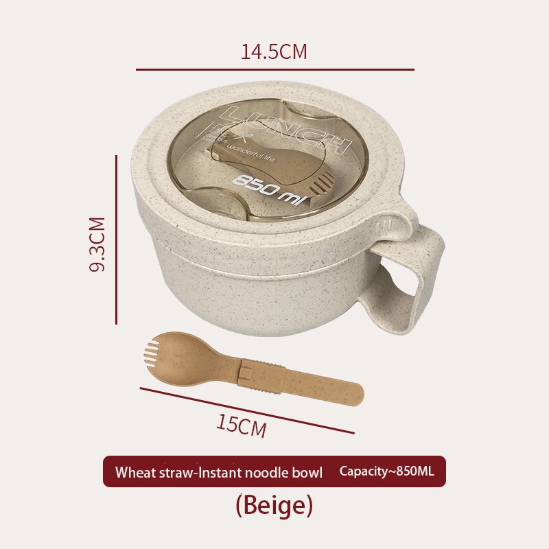 Vetehalm mikrovågsugn snabbnudelskål med lock sovsal japansk stil kontorsarbetare student ramen skål handtag servisset: 1- beige 850ml