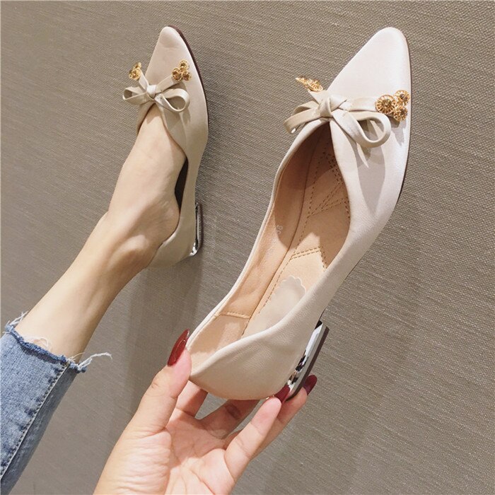 Mode Bowtie Spitse Teen Slip-on Ballet Flats Vrouwen Bootschoenen Luxe Kantoor Dames Schoenen Slip-on vrouwen Flats: Beige / 4