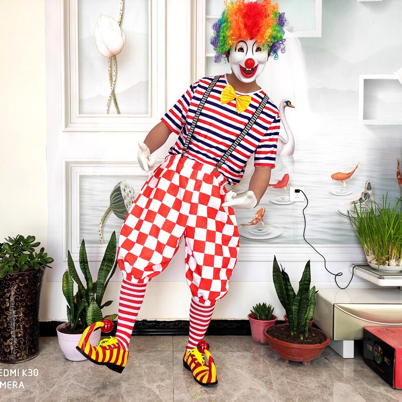 Summer Club Outfits For Men Stripe Clown Costumes Joker Cosplay Circus Costume Short Sleeve Magician Clothes: L / Blue