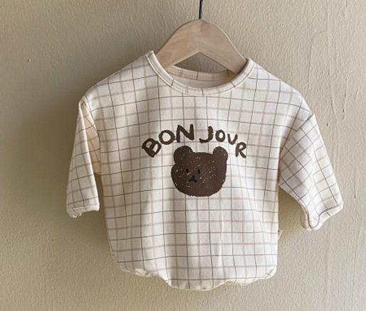 2022 Herfst Baby Meisje Tops Lange Mouw T-shirt Cartoon Beer Print Katoenen Kleding Peuter Kids Jongens Dieptepunt Tee shirts 0-3Y: plaid / 9M