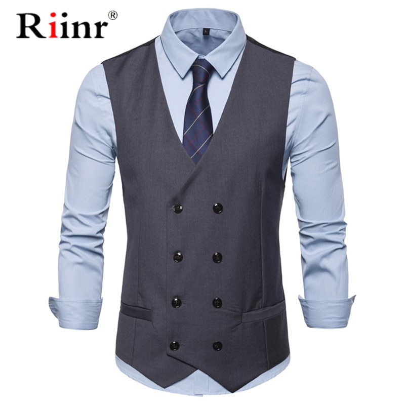 Men Double Breasted Vest Spring Men Dress Suit Vest Autumn Men Formal Gray Vest Suit Gilet Vest Slim Business Jacket Tops Homme