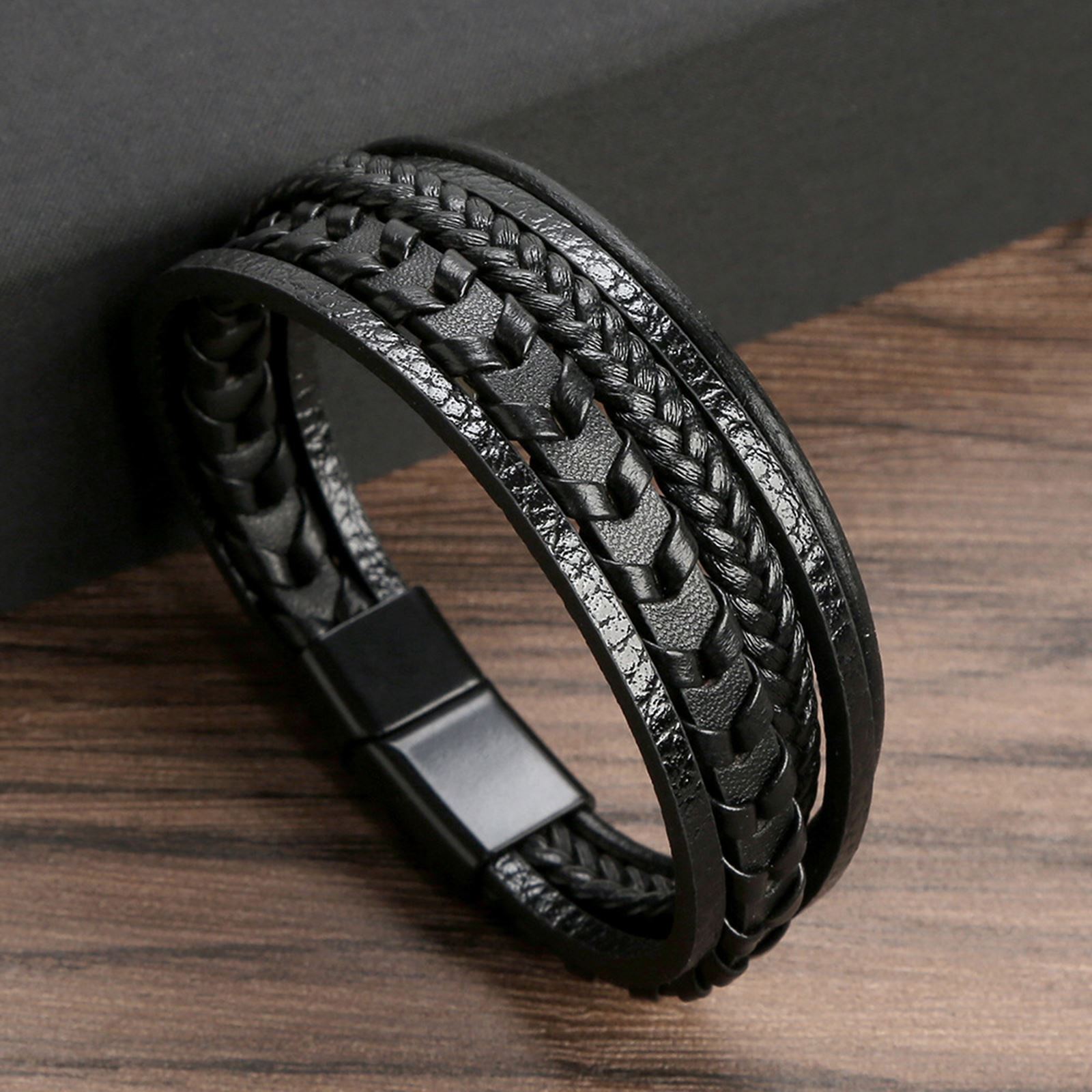 Pulseras trenzadas de cuero multicapa para hombre, brazaletes de cuerda con hebilla magnética hechos a mano, Masculino: 16 cm / Rodio plateado
