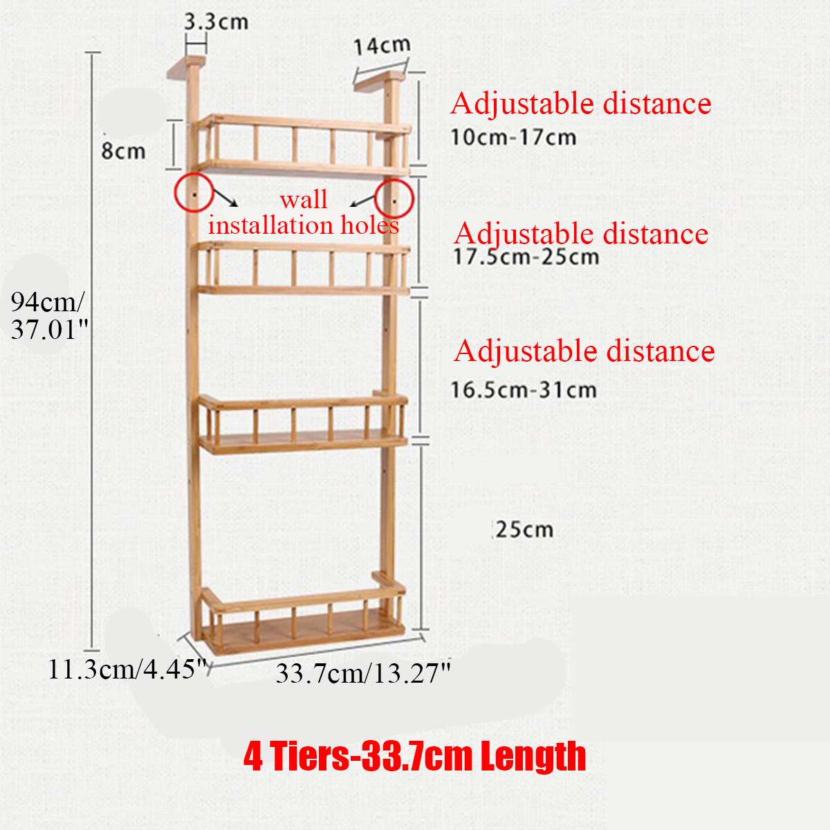 Multi-Layer Bamboo Adjustable Refrigerator Shelf Fridge Side Rack Sidewall Holder Kitchen Supplies Organizer Side Hanging Rack: 4 Tiers-33.7cm