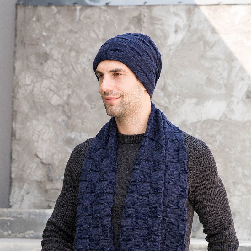 Beanies hue tørklæde handsker sæt 3 stk vinter strikket tyk varm hue kvinder mænd solid retro hue hat soft touch screen handsker: 2 stk marineblå