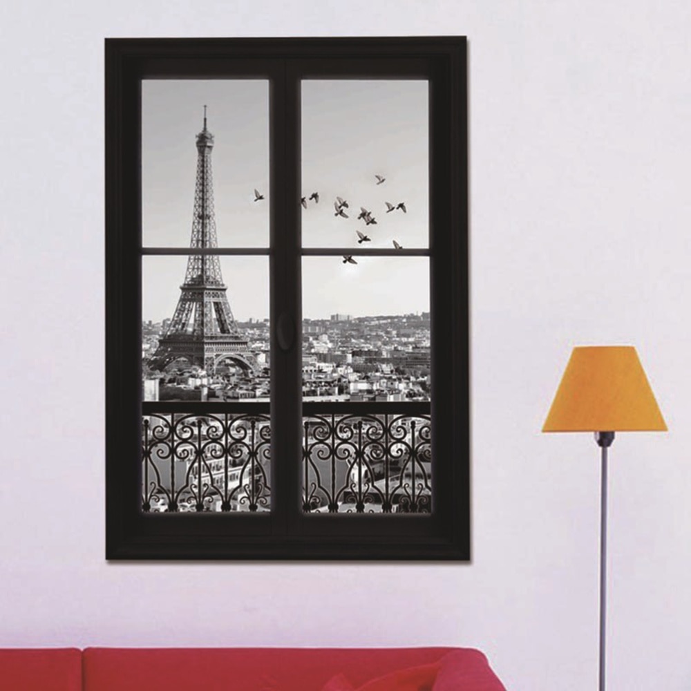 Wall Decals 3D Window Eiffel Tower Paris City Removable Wall Stickers Art Decor Vinyl Decals Kids Child Room Mural