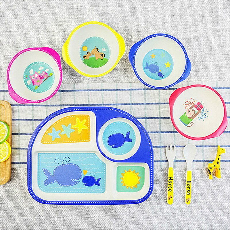 5 unids/set de vajilla de comida de dibujos animados para niños, plato de comida para niños, platos de alimentación para bebés y niños, tazón de entrenamiento, cuchara, tenedor