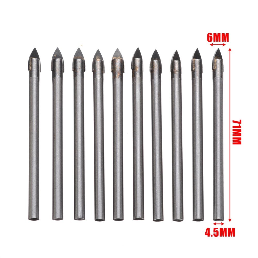 Brocas cruzadas de carburo de tungsteno, punta de 6mm para vidrio, azulejo de cerámica, taladro eléctrico, accesorios de herramientas eléctricas, 10 piezas