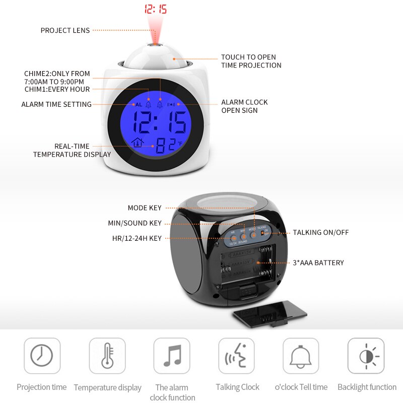 Alarm Clock Night Light For Projector Lamp Voice Temperature Digital Time Projection On Wall Ceiling For Bedroom Table Decoratio