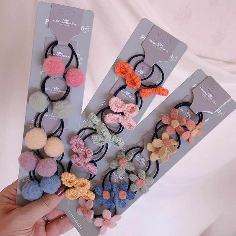 Lazos de ganchillo de lana para niños pequeños, lazos para el pelo, cuerda de fieltro de flores de madera, cintas para el pelo para niñas sonrientes, accesorios para el cabello, 10 unids/set por juego