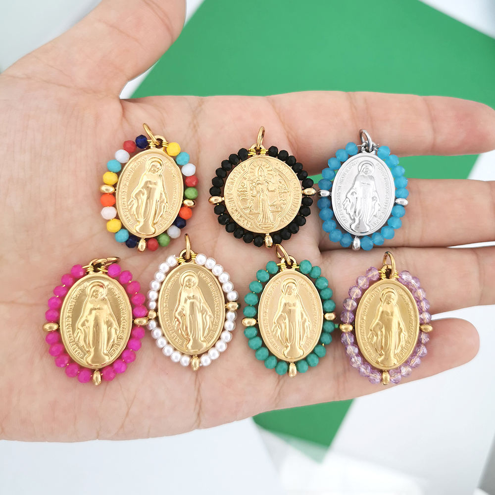 QMHJE-collar con colgante de la Virgen María para mujer, gargantilla, cadena de cuentas, Color dorado y plateado, joyería colorida de arcoíris de acero inoxidable