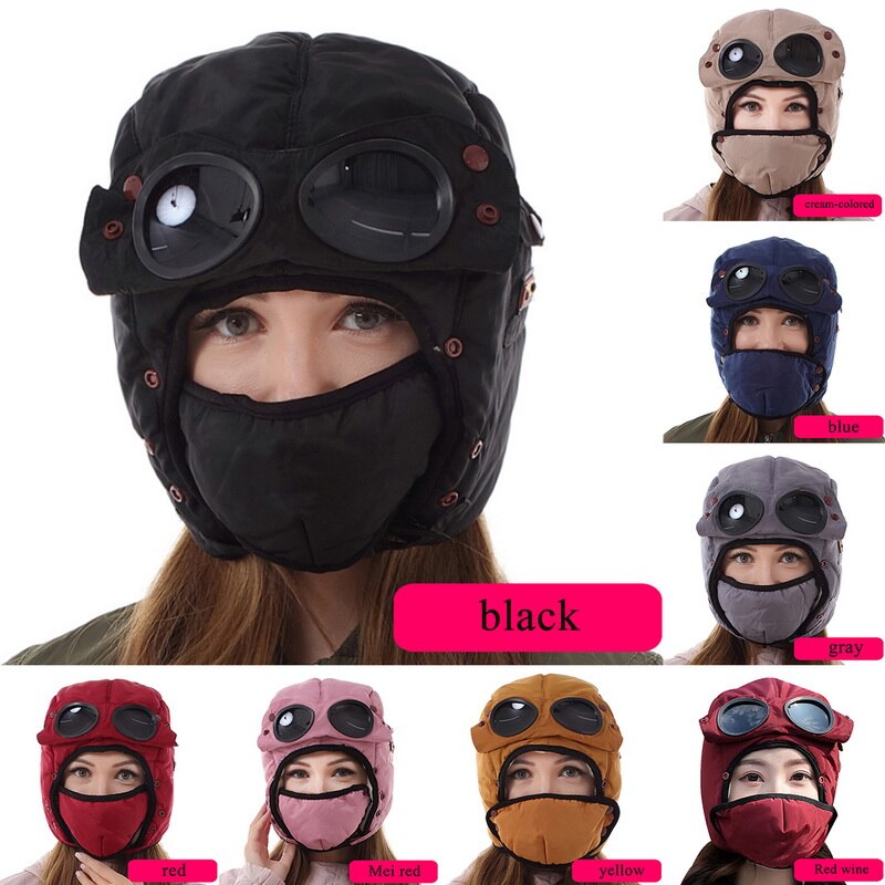 Men Women Winter Warm Cap Windproof Hat Cycling Windproof Earmuffs Face Protection Headgear with Removable Glasses and Mask
