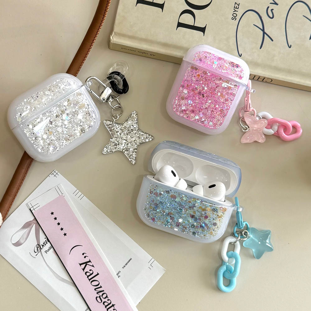 Glitter Sequins Bling Earphone Case For AirPods 1 2 3 4 Protective Cover Funda with Keychain for Apple Airpods 3rd 4th Gen Pro 2