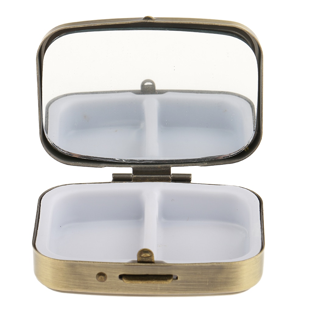 Pill Box With Mirror- Compact 2 Compartments Medicine Case Pill Box for Pocket or Purse, Retro Metal