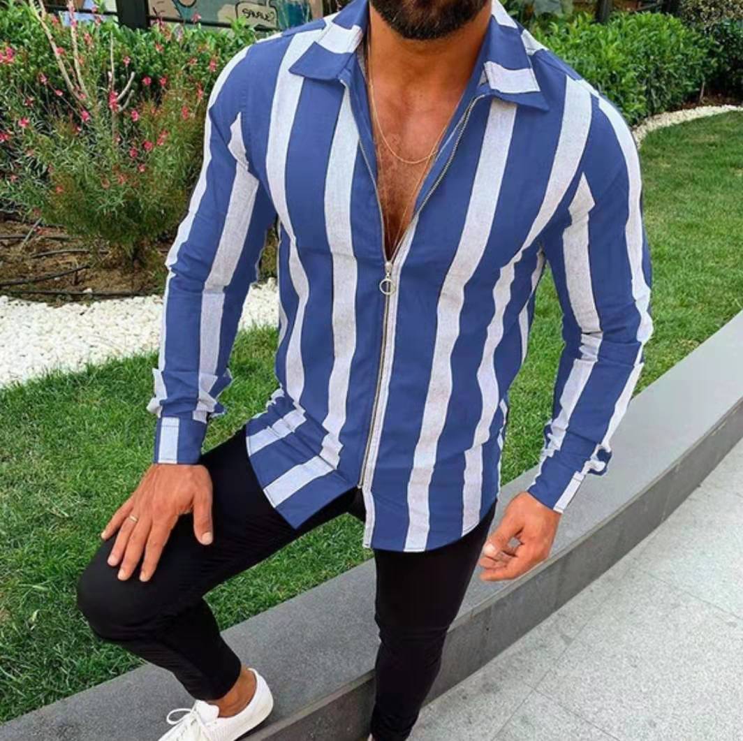 Stribede skjorter herre lange ærmer lynlåse turn-down krave streetwear fitness overtøj chic herre skjorte s -5xl: Blå / Xl