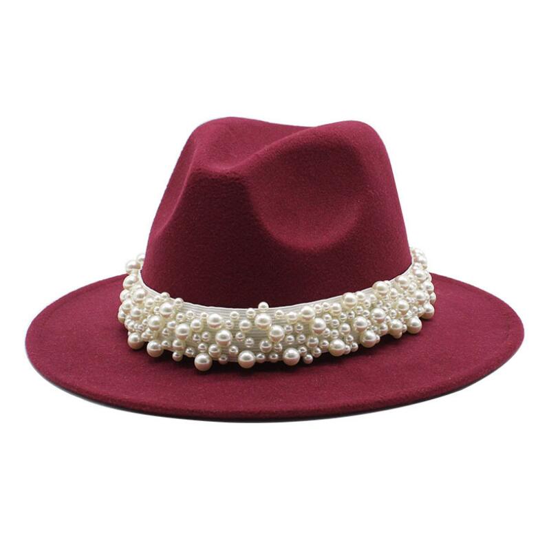 femmes hommes feutre Fedora chapeaux décontracté hommes femmes Imitation perle ruban bord Trilby formel casquette de fête: WYH-4907-11