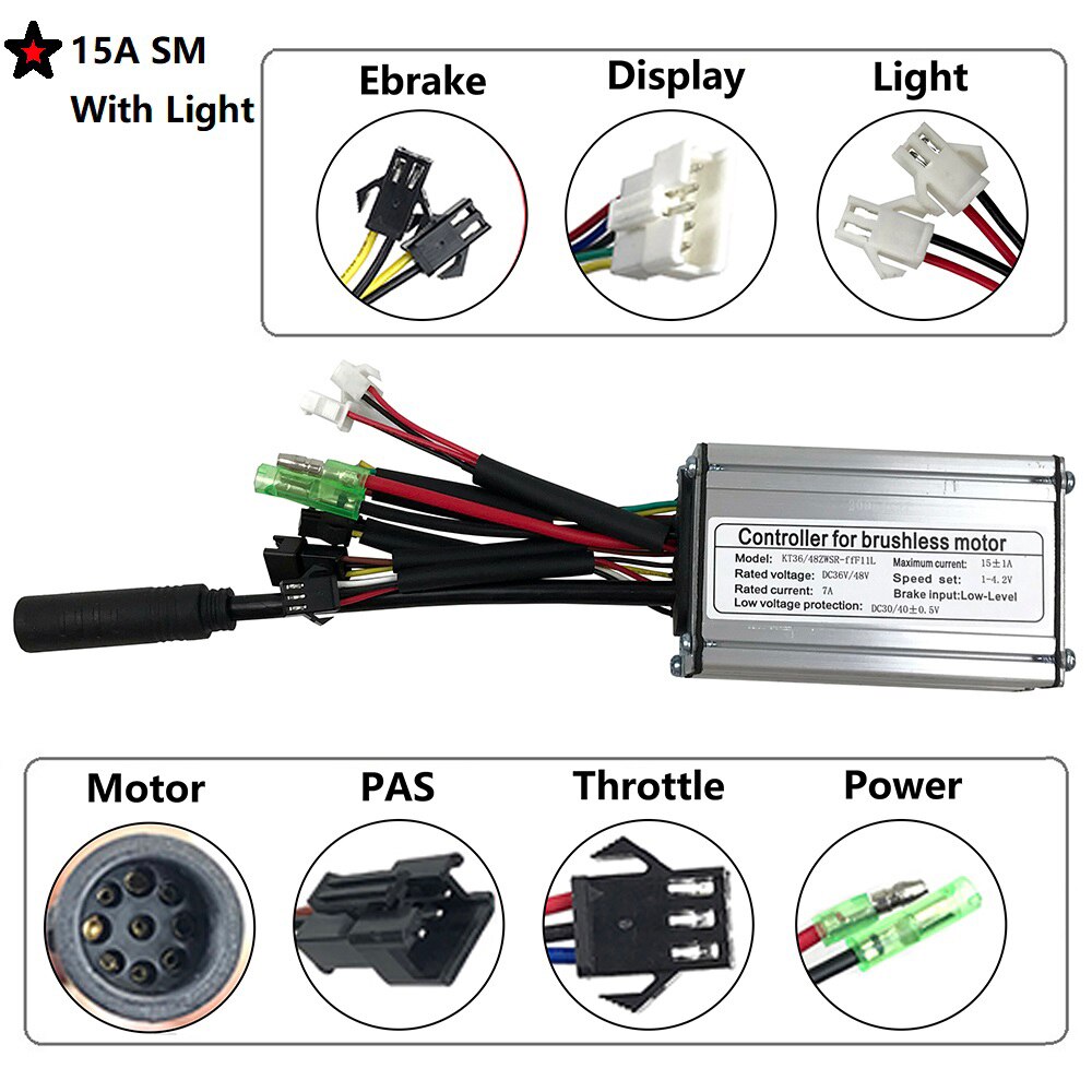 RICETOO-mando para bicicleta eléctrica, controlador de 36V/48V, Squarewave 15A/17A/22A para Ebike, Motor de 250W/350W/500W con enchufe de luz: 15A SM
