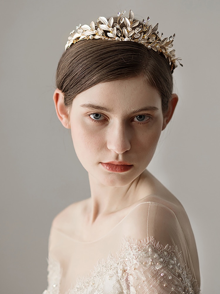 Vintage Aristocratische Gold Strass Parel Kristal Bladeren Noble Vrouwen Bruid Kroon Bruiloft Hoofdband Haaraccessoires