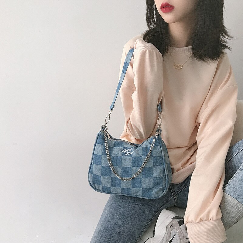 Frauen Kleine Schulter Taschen Blau Überprüft Handtasche Leinwand Tote Kette Unterarm Tasche Damen Denim Halbe Mond Taschen Baumwolle Tuch Geldbörse