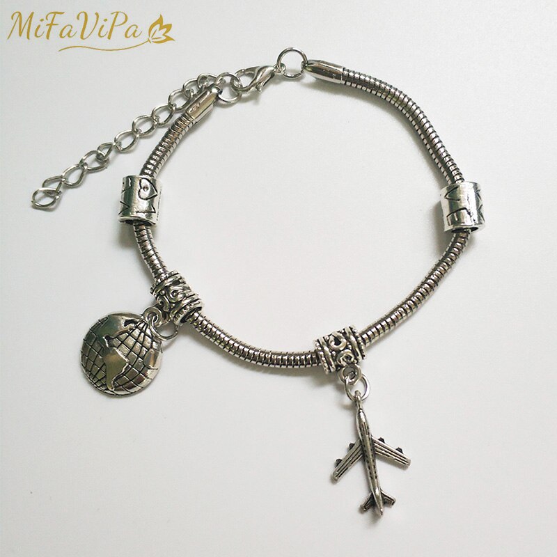 MiFaViPa Flugzeug Armband Erde Flugzeug Pandent Schmuck Armbänder für Frauen Einfache Legierung Silve Farbe Antike Armband