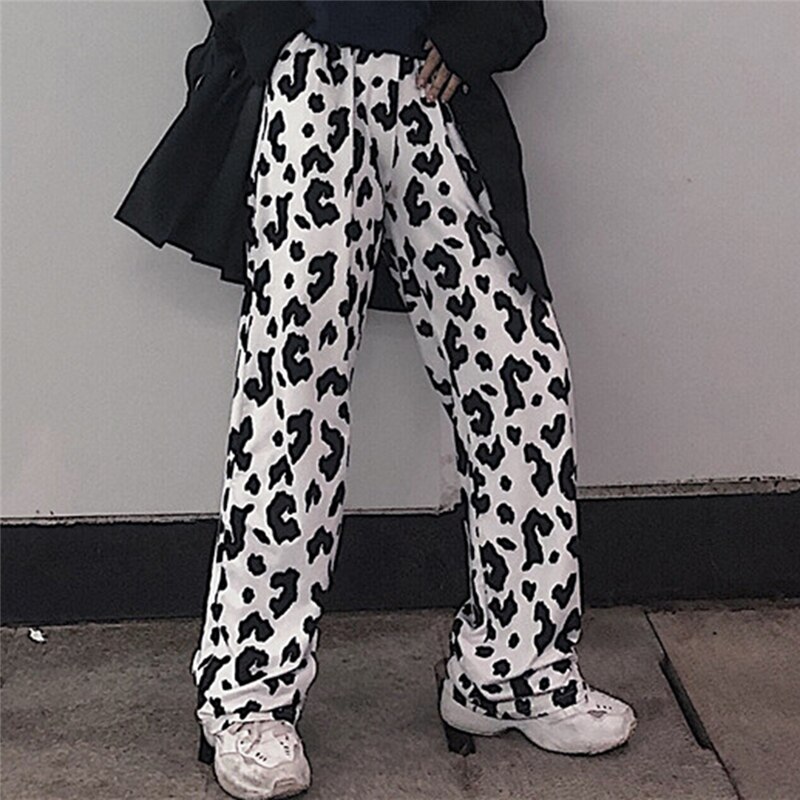 Koeienprint broek dames koreaanse stijl koeienprint wijde broek harajuku broek zomer koreaanse kleding streetwear dames: Xxl