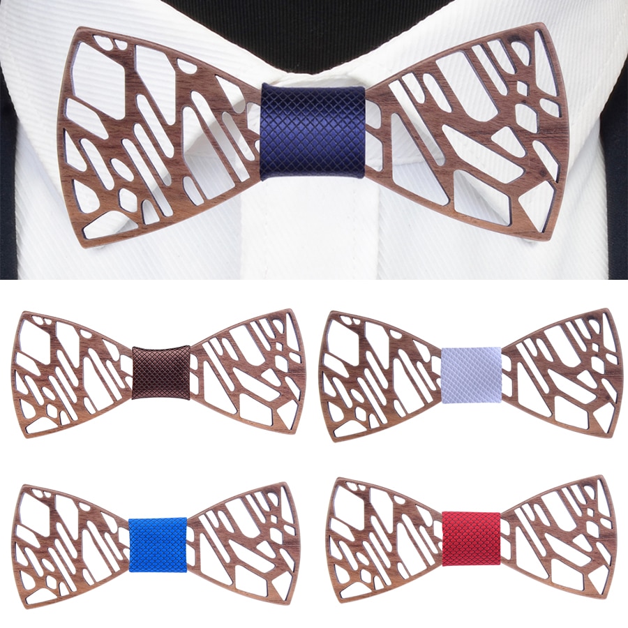 noyer en bois nœud papillon hommes irrégulier Floral creux sculpté bois noeud papillon costume Shrit robe de mariée accessoires Grvata cravate