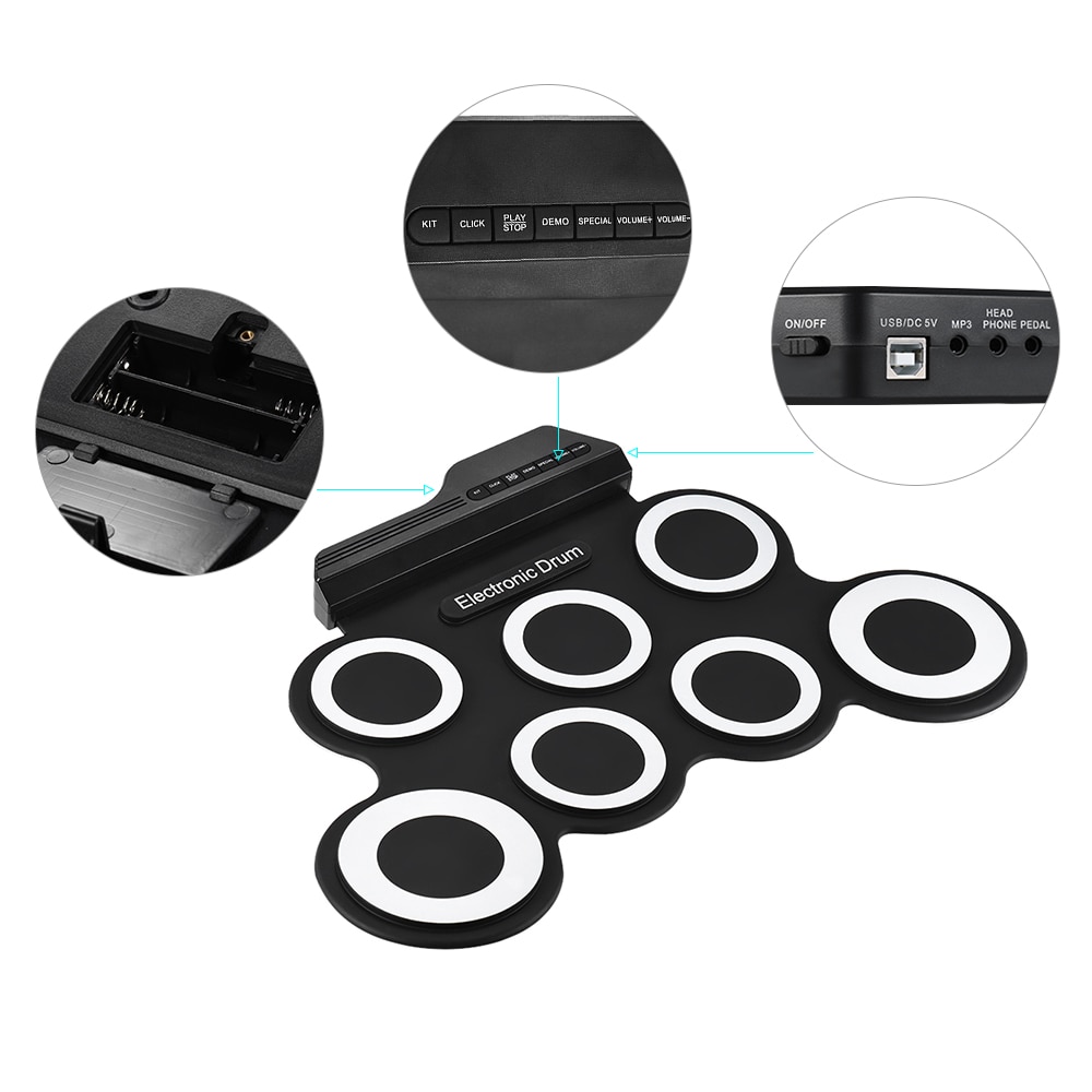 Portable Electronic Drum Digital USB 7 Pads Roll up Drum Set Silicone Electric Drum Pad Kit With DrumSticks Foot Pedal