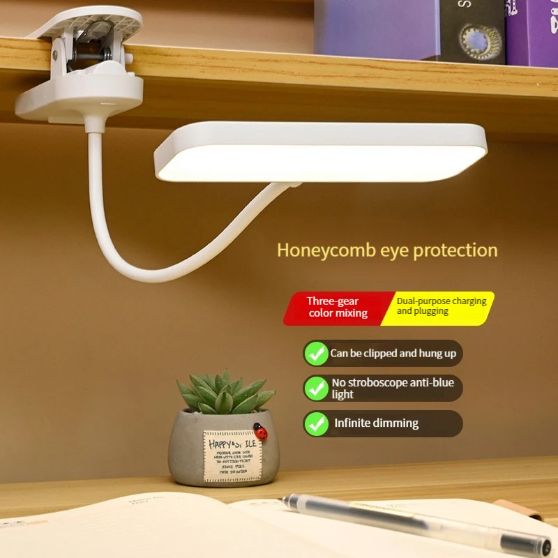 Bureaulamp met clipbevestiging en oogbescherming, oplaadbaar via usb en dimbaar led-licht, verstelbare studielamp voor studentenkamer of slaapkamer.