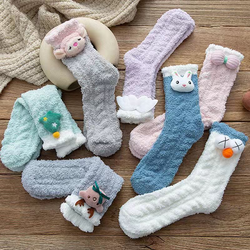 Coral Fleece Women Socks Bow rabbit Bear Candy Winter Thickening Cute Mid-tube Sock Ladies Home Bed Floor Slipper Sox