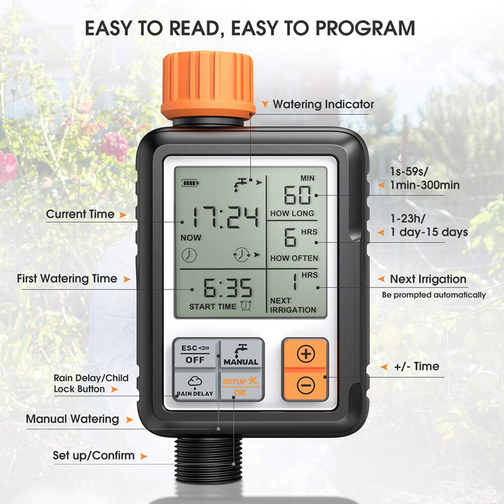 Inch LCD Display Garden Automatic Irrigation Watering Timer Sprinkler Controller IP65 Waterproof Electronic Water Timer