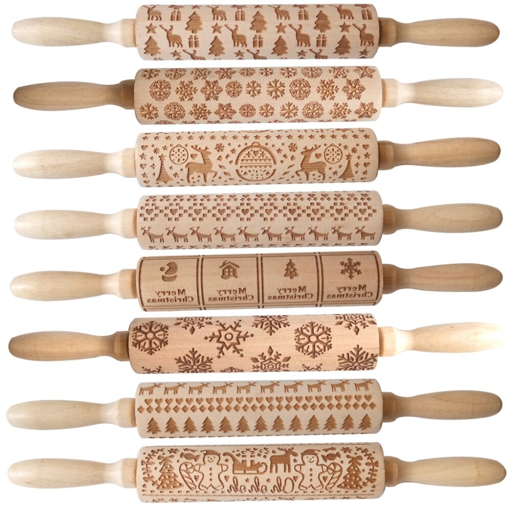 Wood Embossing Pizza Roll Pin Fondant Dough Deer Pattern Engraved Roller Stick Baking Pastry Tool Baking Christmas Accessories