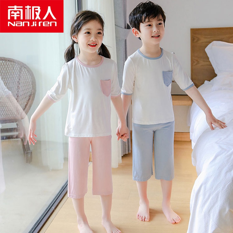 Nanjiren crianças da pele amigável pijamas cor sólida conjunto de roupa de dormir verão confortável conjuntos de pijama respirável