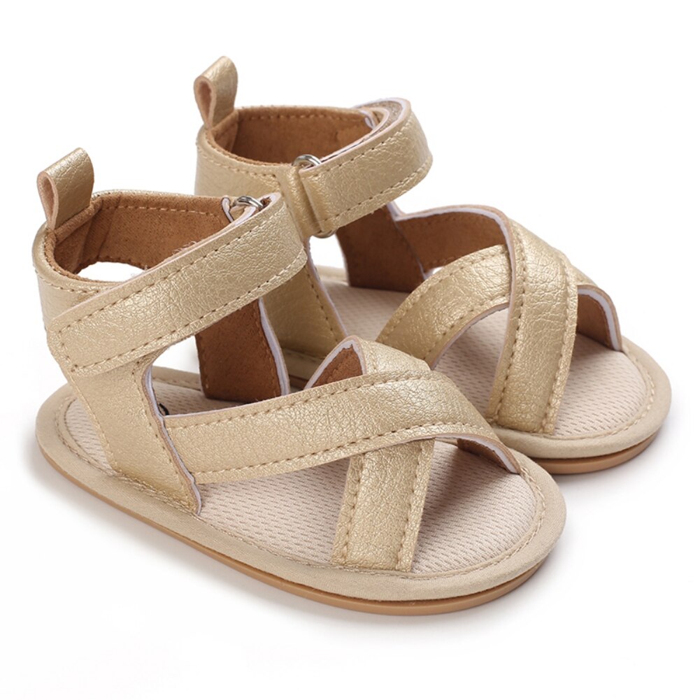 Sandales d'été classiques pour bébés filles et garçons, semelle souple antidérapante à bretelles croisées décontractées, chaussures d'extérieur en PU pour premiers pas des tout-petits