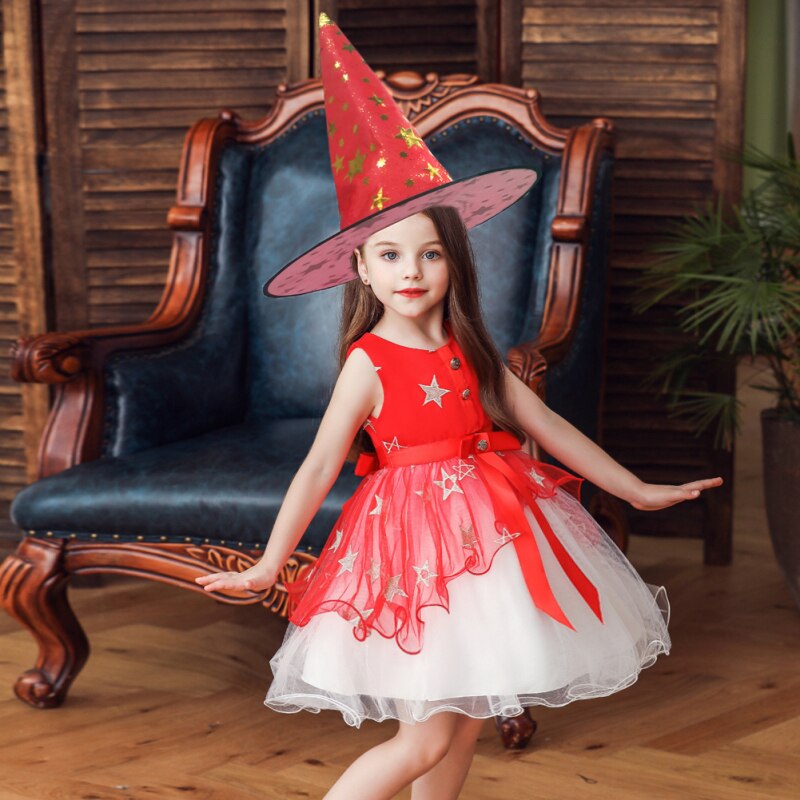 110-160cm Costume Children Dress Skirt Cosplay Girl With Hat Witch Star Skirt Witch Costume For Halloween Princess Dress Kids