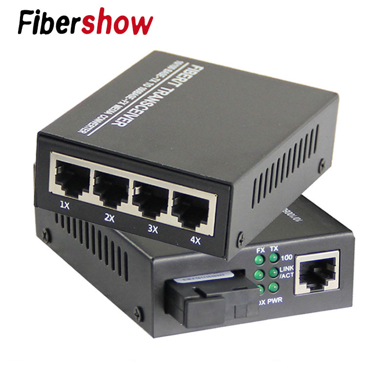 Fast Ethernet Fiber Optical Media Converter Single Mode 20KM 4 RJ45 and 1 SC fiber Port 10/100M