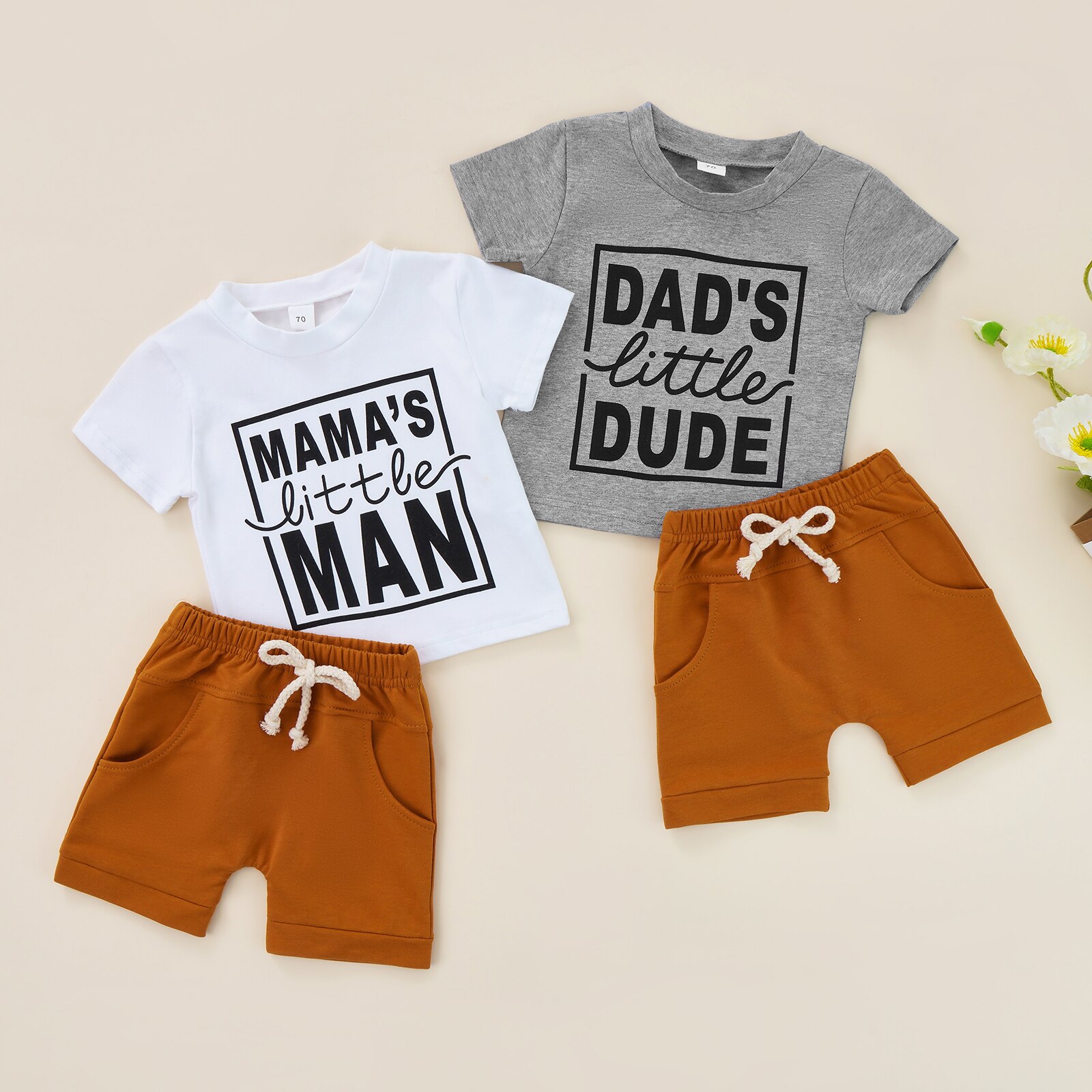 Baby Baby Jongen Tweedelig Pak, brief Print Korte Mouw Ronde Hals Tops + Pocket Elastische Taille Shorts