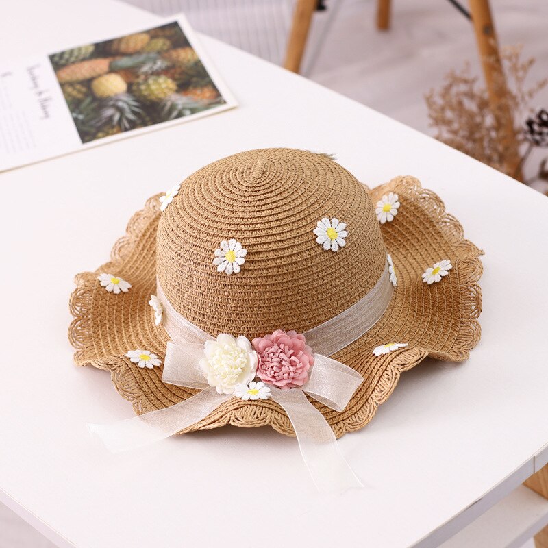 Sombreros bonitos de paja para niños, sombrero de punto con flores para verano, sombrero de Sol para niña, sombrero de ala grande de protección solar, sombrero de punto, sombrero de sol