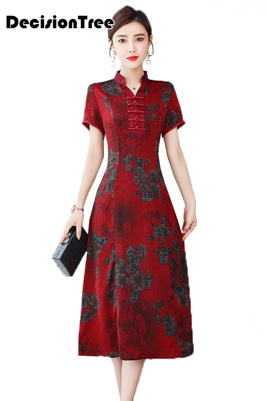 red chinese wedding party bride qipao print flower women evening dress oriental retro show cheongsam