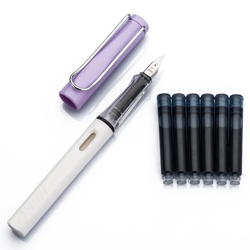 1Pc Hero 359 Klassieke Vulpen Originele Authentieke Plastic Kleur Transparant Ef Briefpapier Kantoor Schoolbenodigdheden Schrijven: purple and white