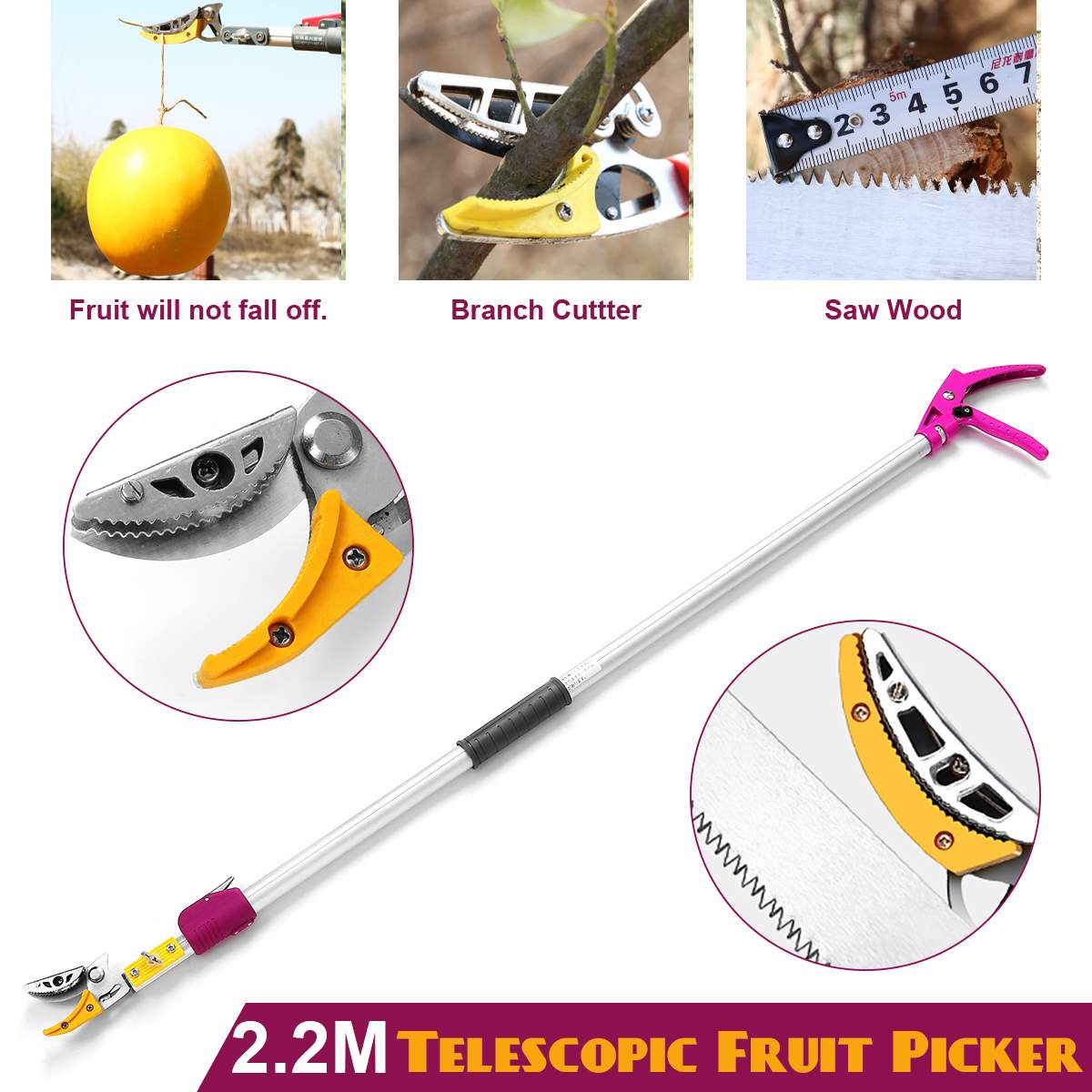 2.2m Extra Long Reach Pruner Cut and Hold Bypass Pruner Max Cutting 1/2 inch Fruit Picker and Tree Cutter For Garden