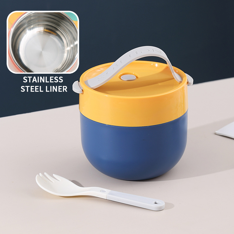 Portable Soup Cup Lunch Box Stainless Steel/Plastic Thermos Mug Food Container Thermal Cup Vacuum Bento Box With Spoon For Kids: B-Yellow Blue