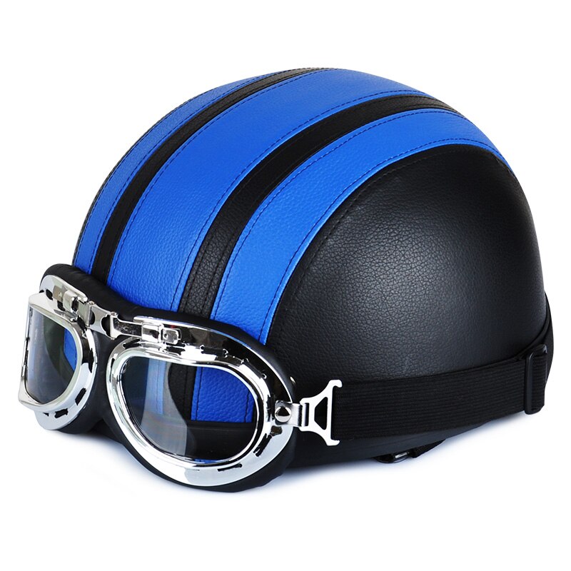 Moto Rcycle Lederen Helm Moto Rbike Riding Vintage Cruiser Touring Half Helmen Moto Fiets Scooter Biker Helm: BLUE