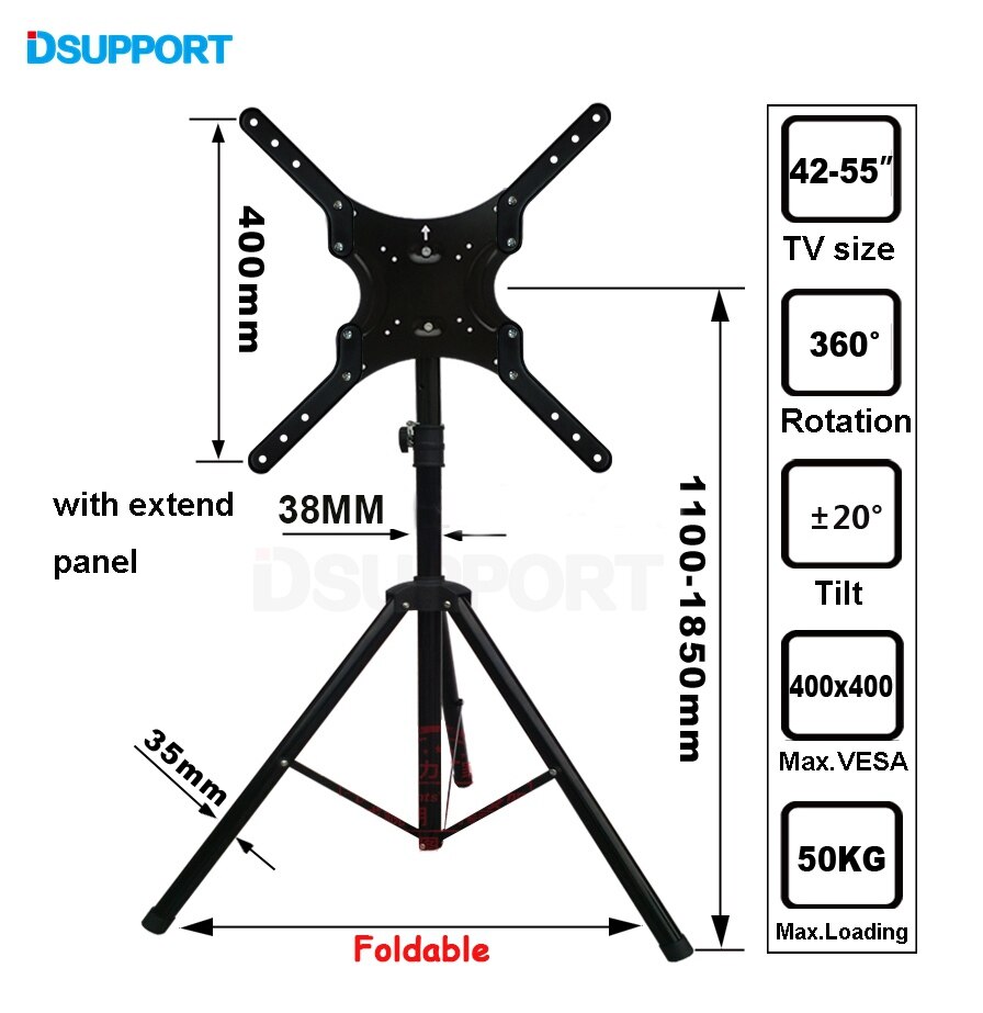 14-55" Movable Folding LCD TV Floor Stand TV Mount Cart Display Rack Full Motion TV Tripod Loading 50kgs Max.VESA 400x400mm