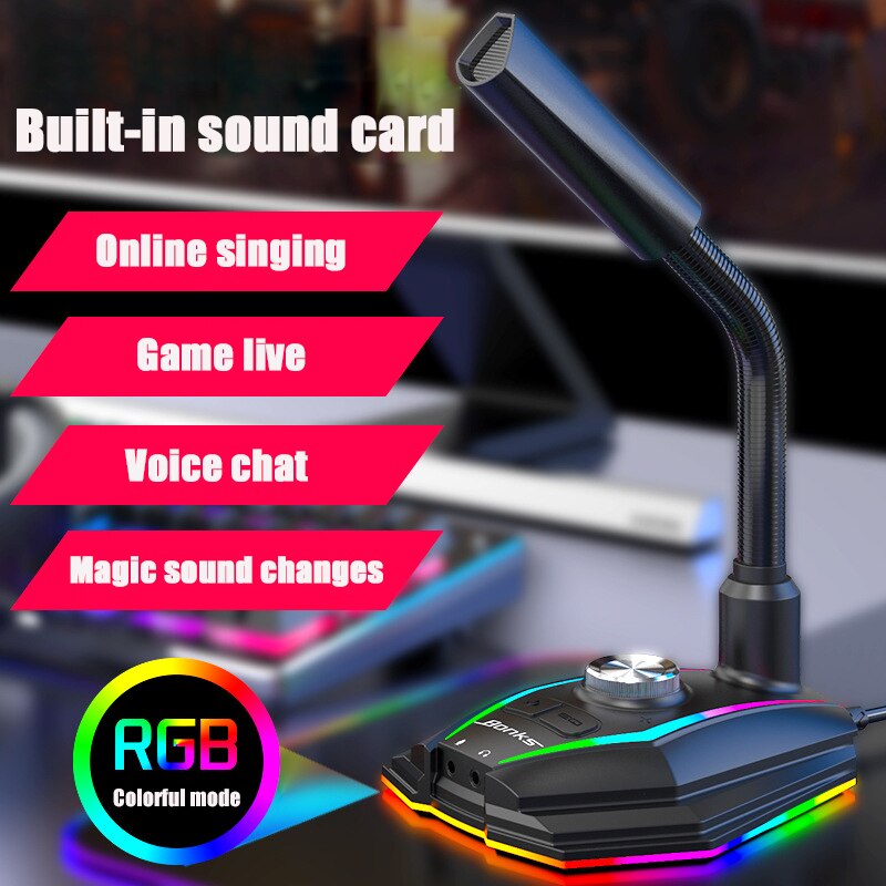 USB Sound Card RGB Microphone Computer With Speaker Headset Jack Free Drive Noise Reduction 360° Rotate HD Receiver
