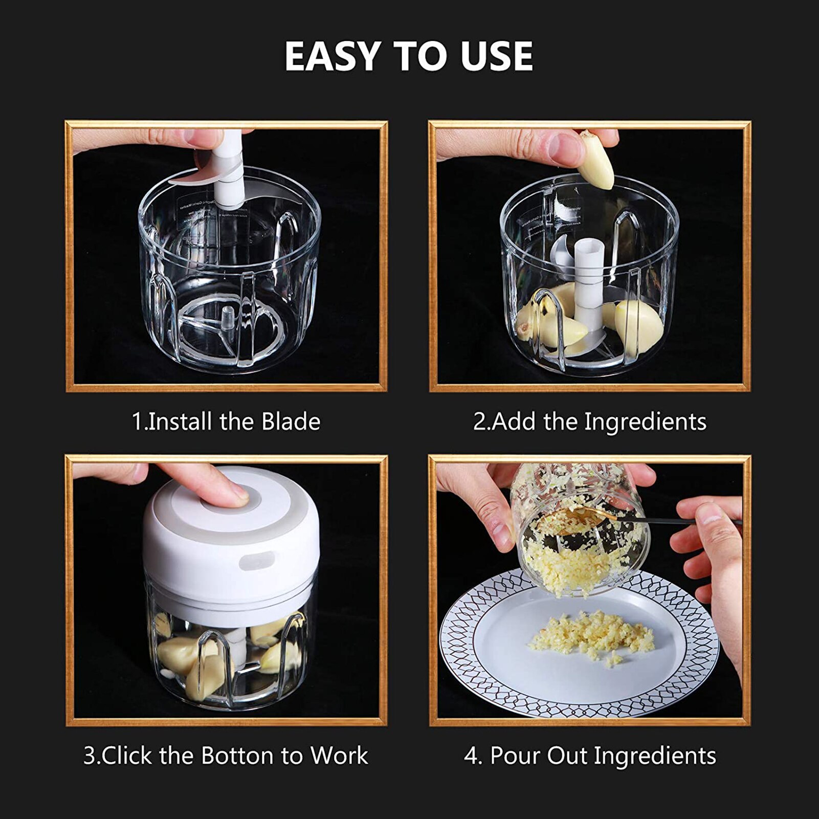 Picador de alho elétrico portátil de 250ml, mini picador de legumes, aço inoxidável, carregamento usb para moer alho, pimenta, carne