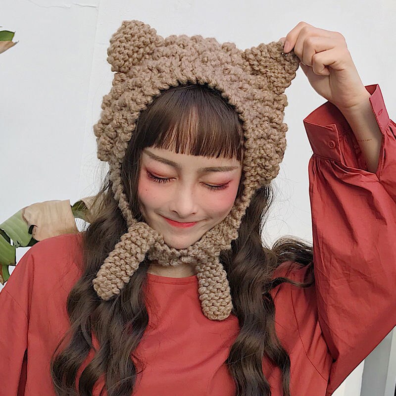 Gorro de punto de rana para mujer, gorros gruesos de , cálidos y dulces, coreanos, para chica estudiante, otoño e invierno, 2022: Castaño