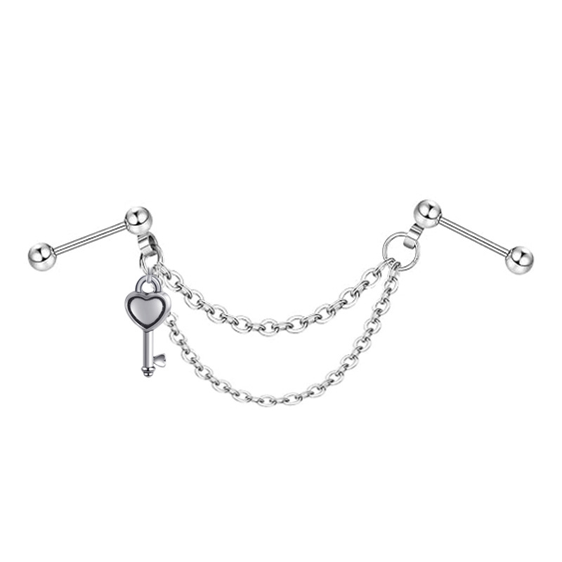 1pc Chain Earrings Stainless Steel Simple Industrial Piercing Love Heart Cartilage Helix Barbell Jewelry for Women: Imitation Rhodium Plated