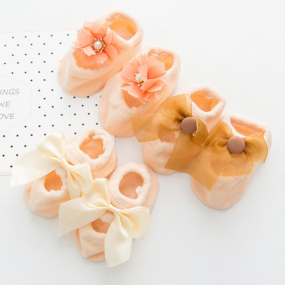 Baby Boat Bow Tie Cotton Socks Hole Girls Slippery Floor Lace Flower: Beige
